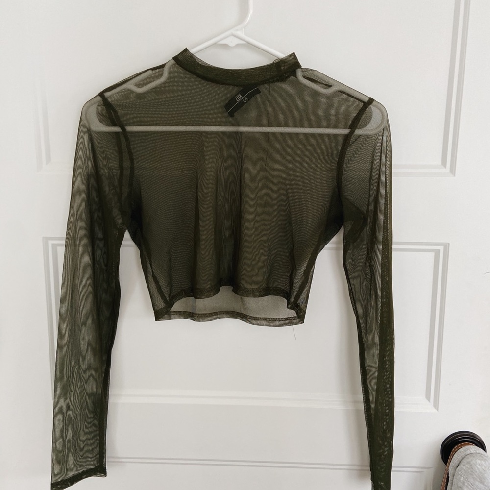 Tobi Olive Green Mesh Long Sleeve Top